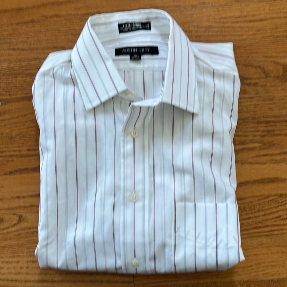 Austin Grey Men's Long Sleeve Fitted Dress Shirt 16 32-33 Gray/White/Red Striped